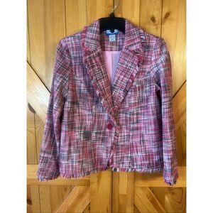 Vintage Notches Women’s Lined Pink Tweed Blazer Fringe Hem Size PS (5946)